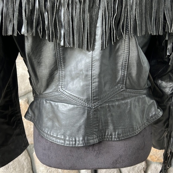 GIII Black Leather Fringe Moto Jacket Size‎ Large - Picture 8 of 16